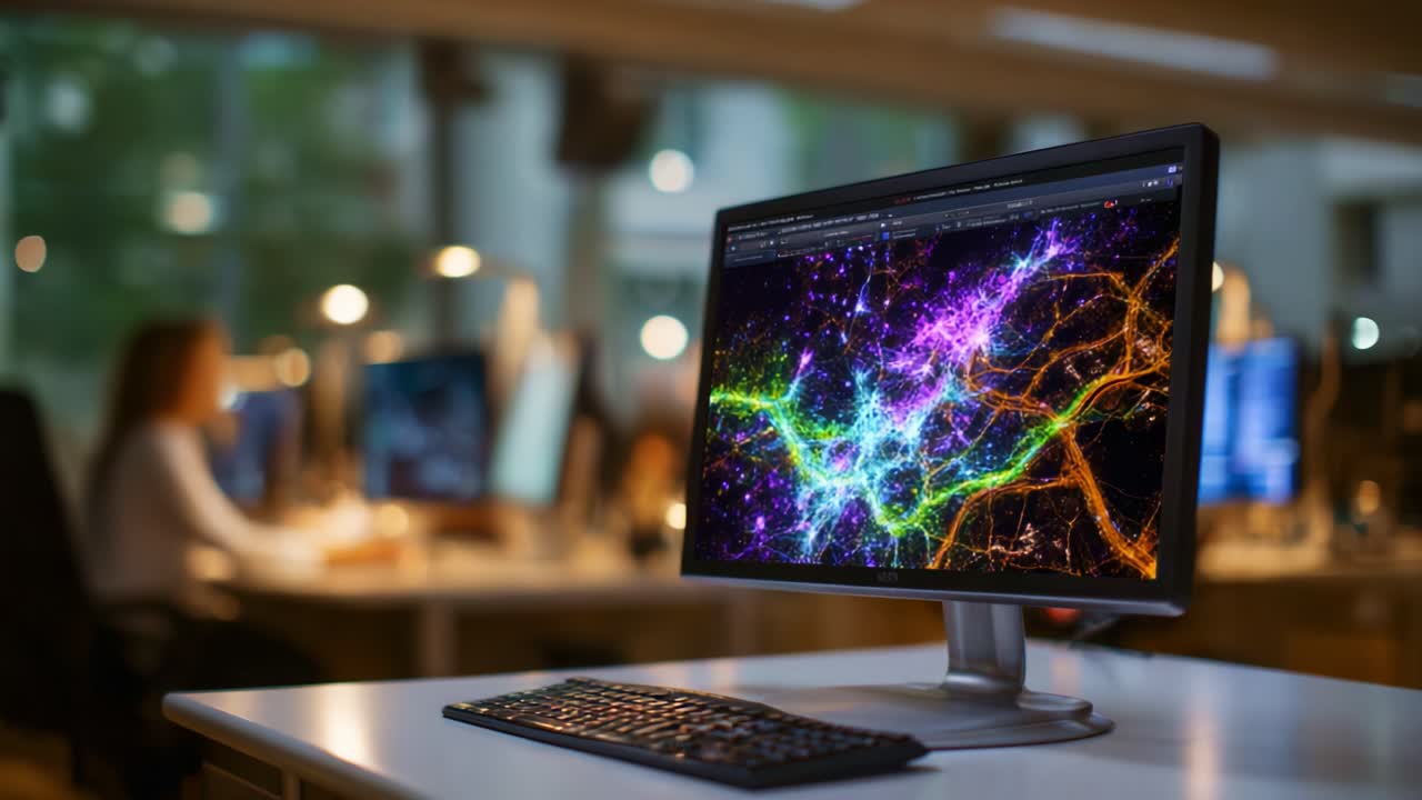 En fascinerende digital skærm viser levende neurale mønstre på en computerskærm i et moderne arbejdsområde, der understreger kreativitet og teknologi inden for design.