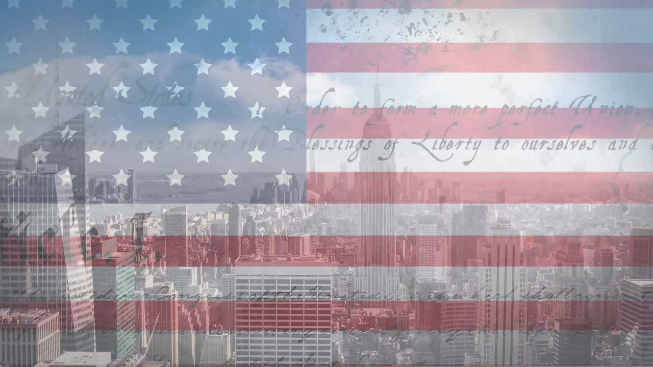 анимация американского флага и текста конституции над городским пейзажем