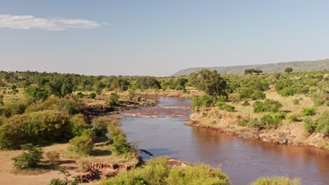 Maasai-Mara-River-Aerial-drone-shot-of-Beautiful-Landscape-Scenery-in-Africa,-Masai-Mara-in-Kenya-Establishing-Wide-View-From-High-Up-Above-with-Trees-Greenery-and-Lush-Green-Scene