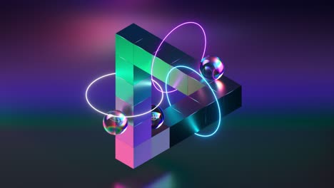 triángulo geométrico de neón abstracto con esferas