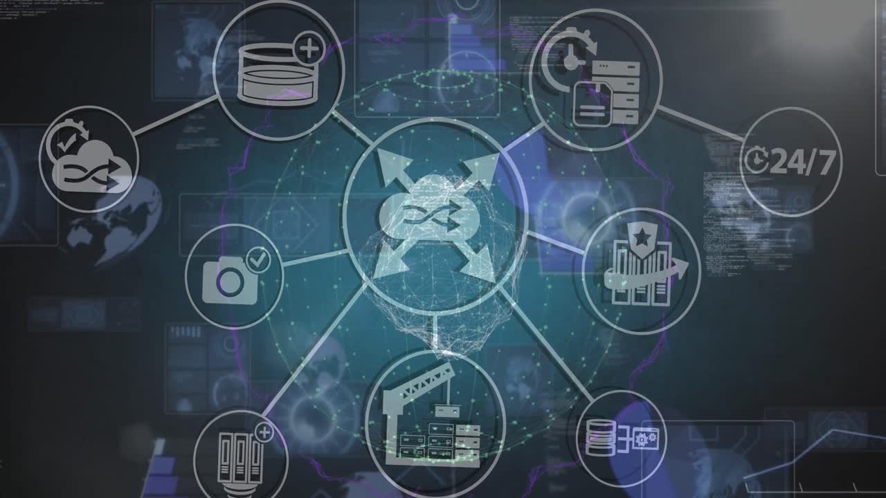 animación de la red de conexiones con iconos en todo el mundo