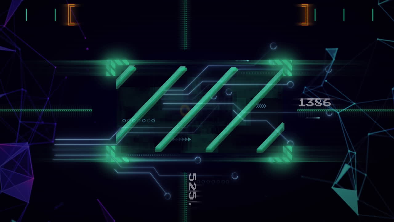 Animation of lines over circuit board pattern and changing numbers with connected dots