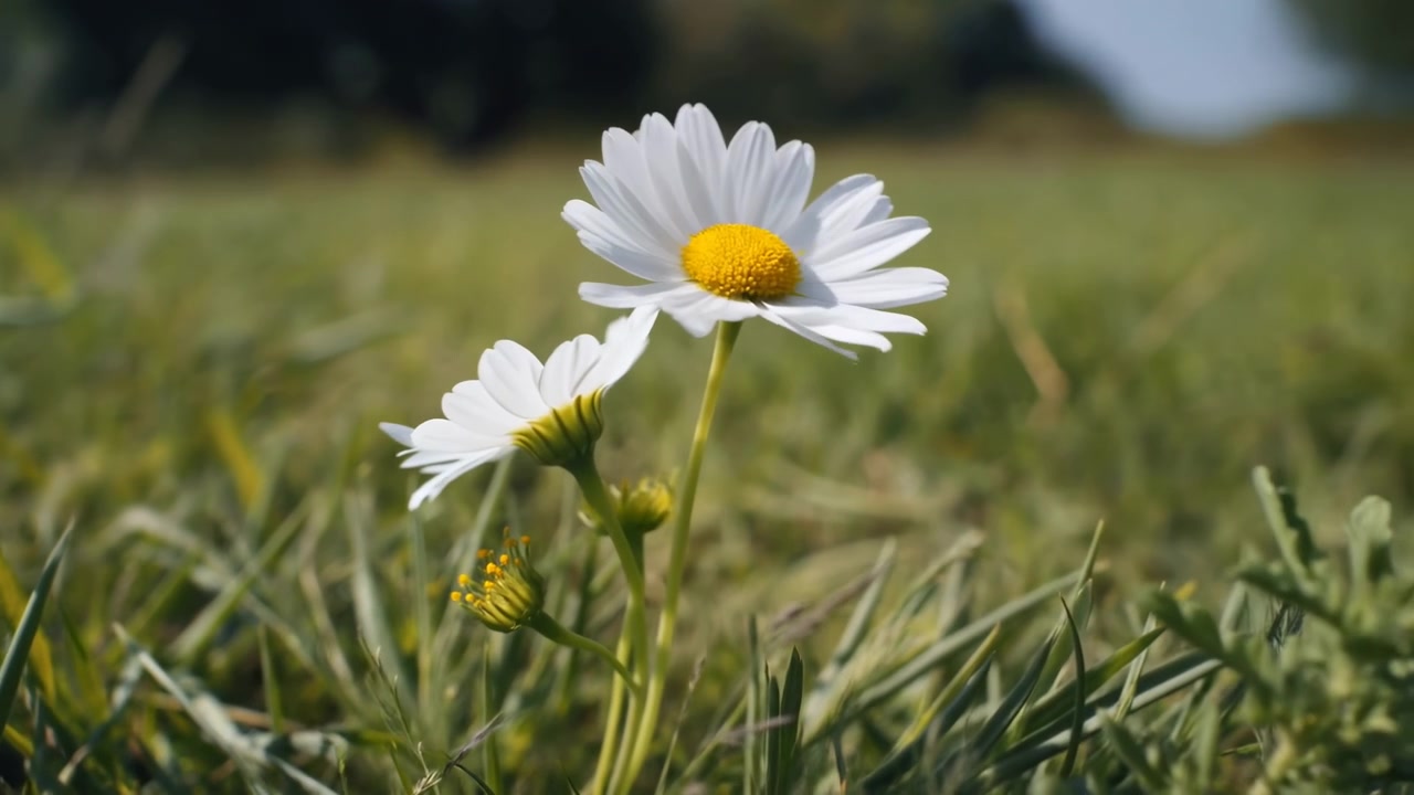 Margherita bianca nell'erba verde, prospettiva dal basso illuminata dal sole, petali bianchi nitidi e disco dorato, calore estivo