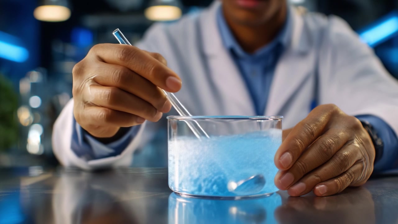 Scienziato che mescola soluzioni chimiche in laboratorio, osservando il cambiamento di colore in un becher con uno strumento di precisione, esplorando reazioni ed esperimenti.