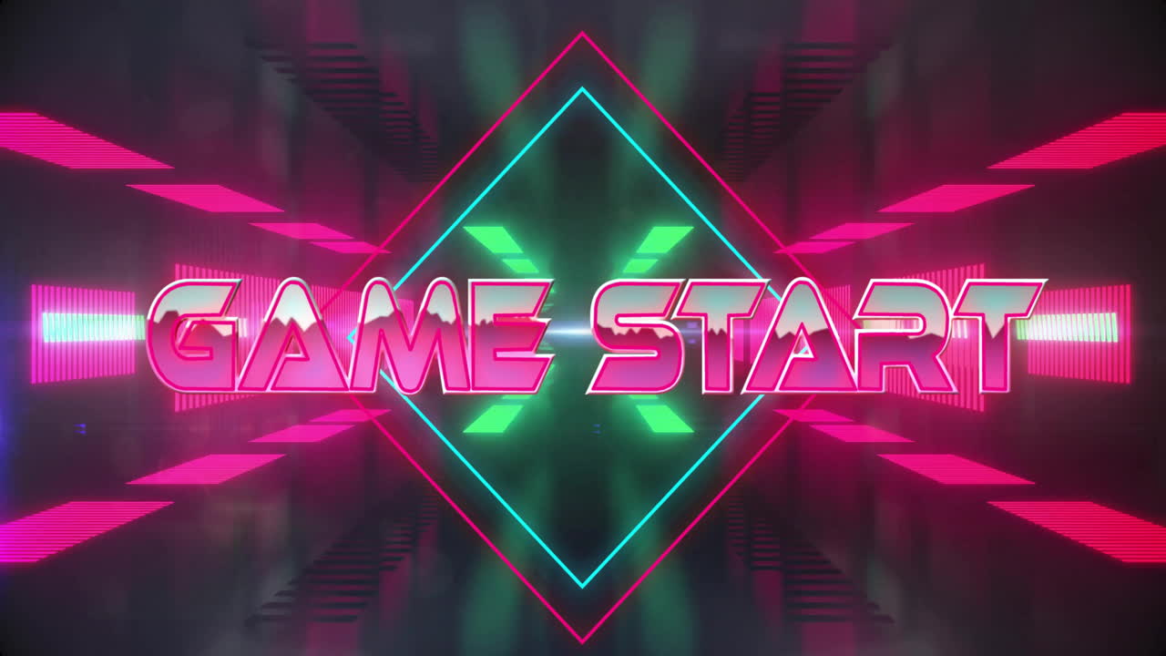 Animazione del testo 'Inizio gioco' su sfondo a motivo neon