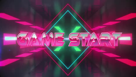 animación del texto de inicio del juego sobre el fondo de patrón de neón