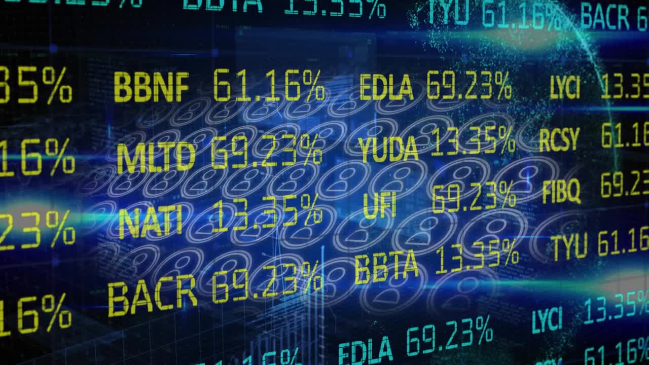 Animation of trading board over trading board, lens flare and globe against abstract background