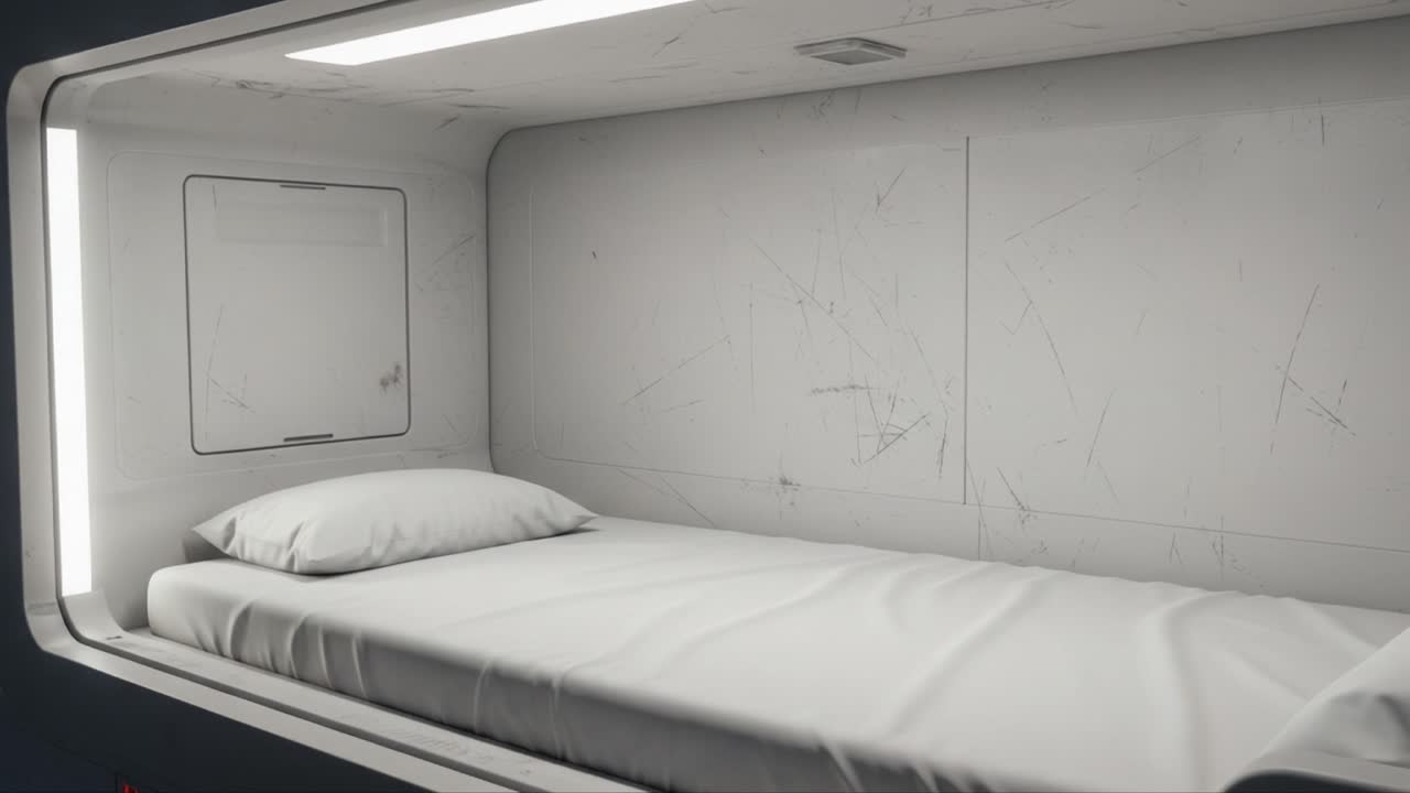 Minimalistic Sleeping Space Featuring a Simple Bed Within a Compact, White Interior—Ideal for Rest and Reflection in Modern Environments