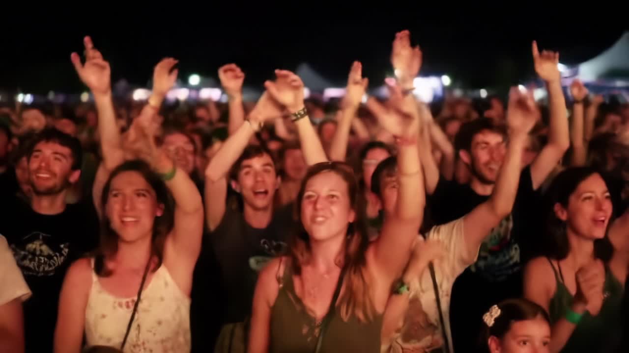 Exciting Crowd Enjoying Live Music at Outdoor Festival During Summer Night
