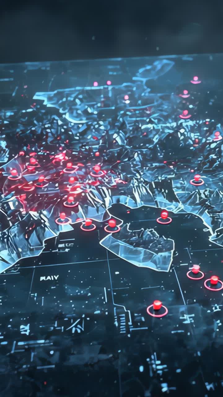 Vertical video: Opening interface 3D terrain map fading popping markers across grid overlay