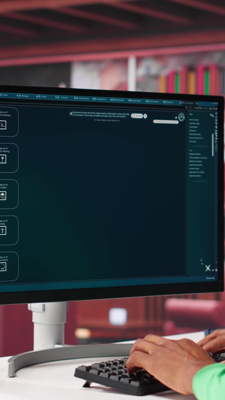 Vertical Video Black graphic designer working in loft with AI image generator