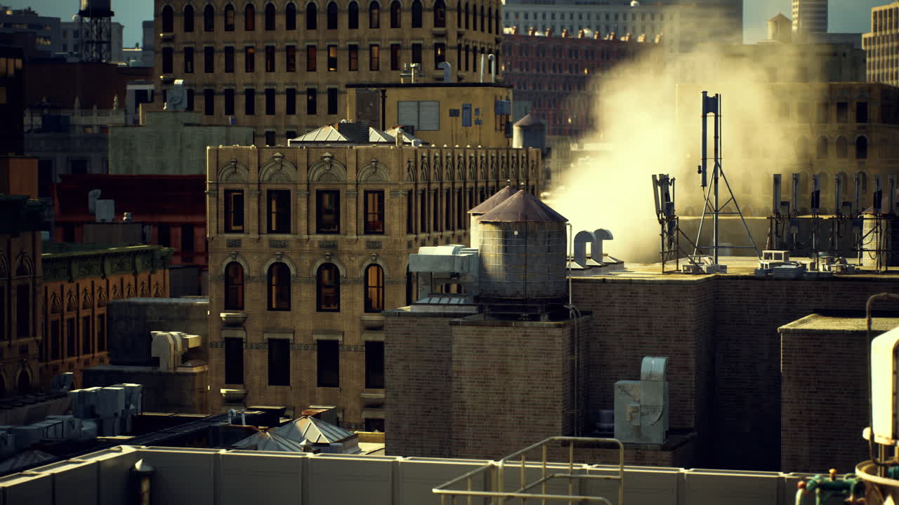 Urban rooftops with steam rising under a clear sky in a bustling city