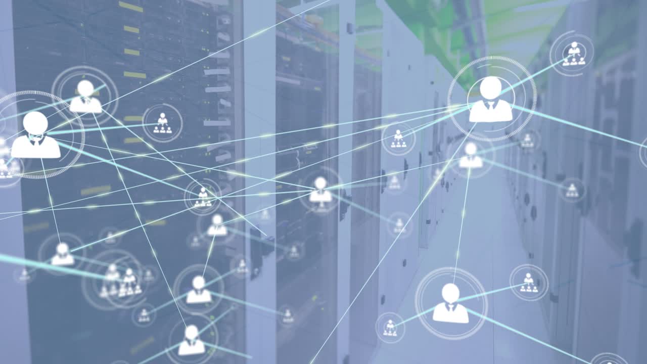 Animation of network of connections with people icons over computer servers