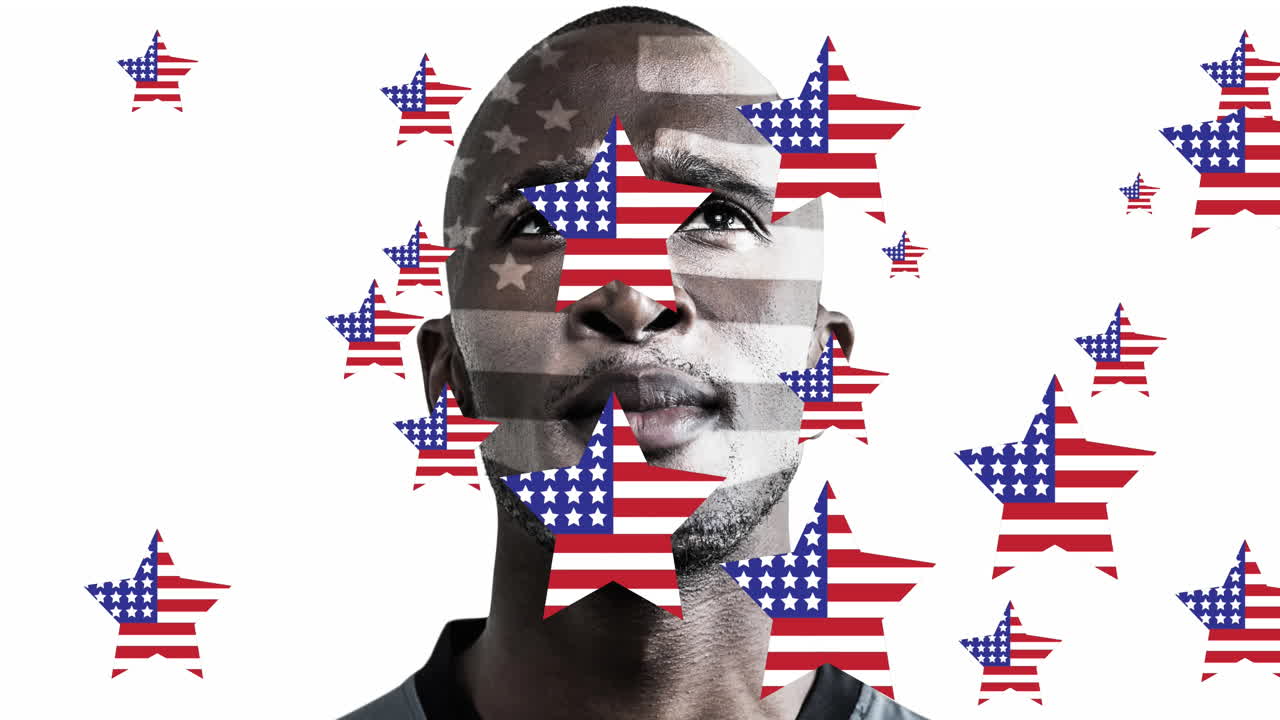 미국  ⁇ 발 별의 애니메이션이  ⁇ 색에 있는 사려 깊은 아프리카계 미국인 남자 위에 움직이고 있습니다.