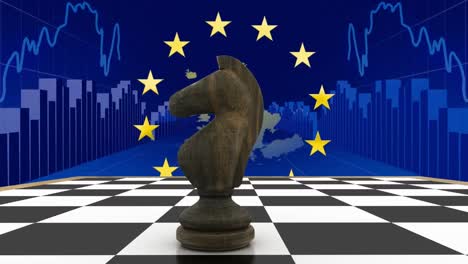 Animation-Eines-Ritters-Auf-Einem-Schachbrett-Mit-EU-Flagge,-Karte-Und-Grafiken-Auf-Blauem-Hintergrund