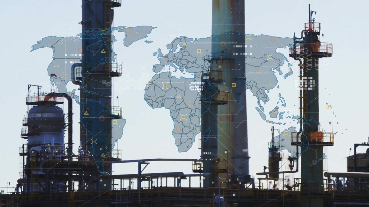 After map fade-in, refinery towers animating lines tracing data routes showing global connectivity