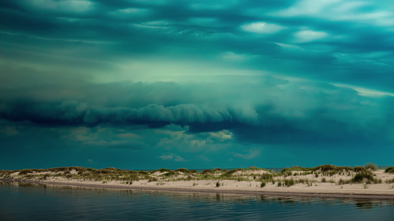 어두운 폭풍우 구름이 해안의 모래 언덕을 가로지르고 평온한 물이 극적인 하늘을 만니다.