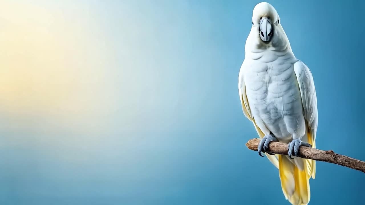 White Cockatoo Perched on a Branch Against a Blue and Yellow Background