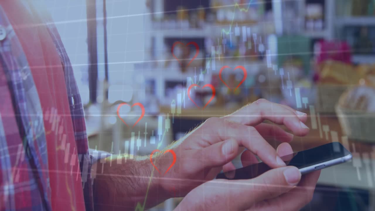 스마트폰을 사용하는 백인 남성에 대한 금융 데이터 처리 및 심장의 애니메이션