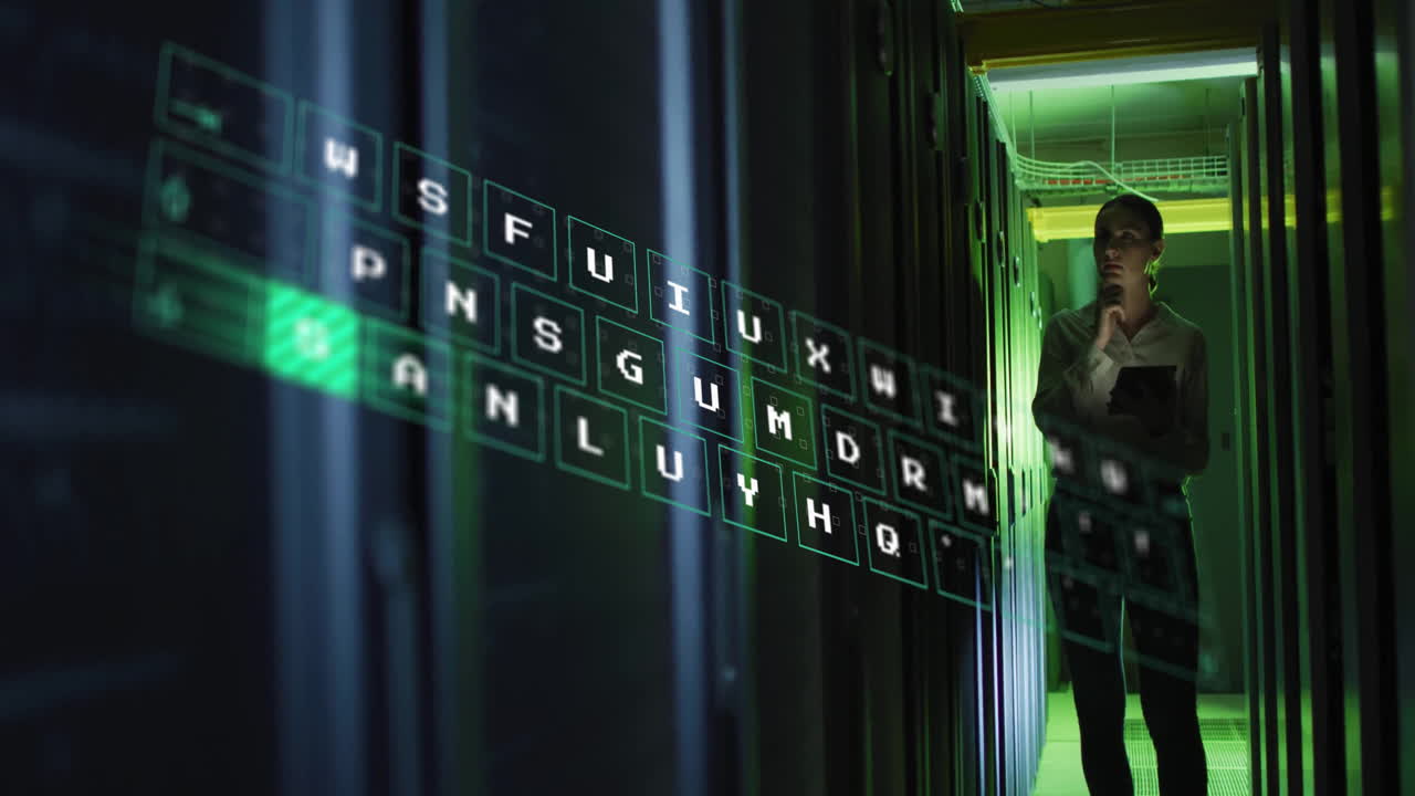 Processing data, person working in server room with animated overlay effects