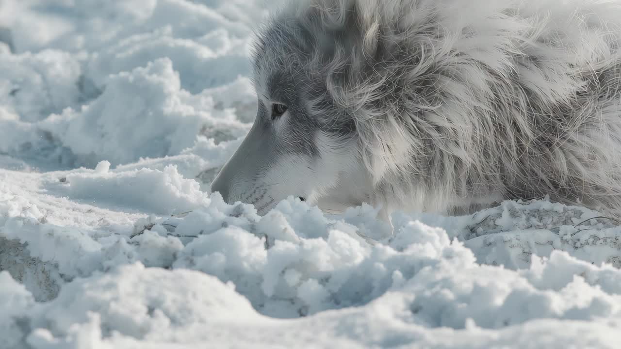 Powder shifting, gray-white wolf lifting head, exhaling mist, locking gaze on open plain