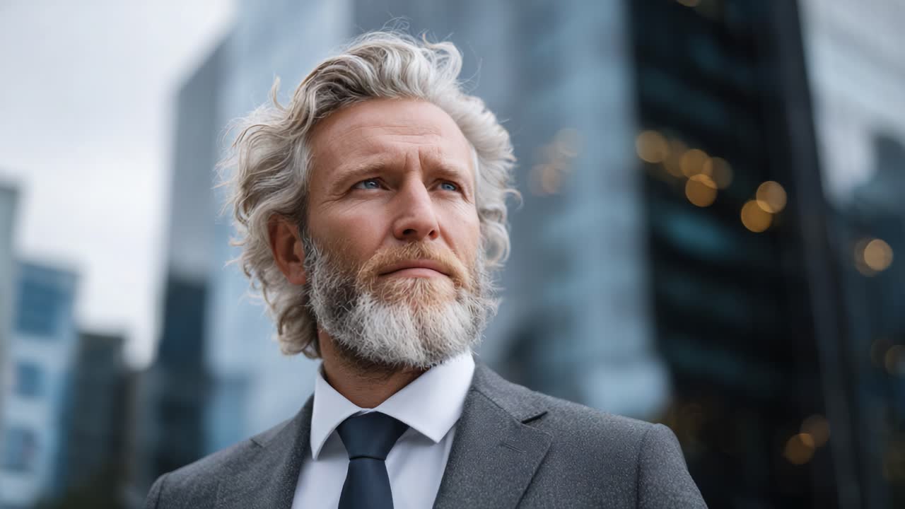 Confident Businessman with Silver Hair Stands Against a Modern Urban Background, Exuding Professionalism and Leadership in a Dynamic Environment