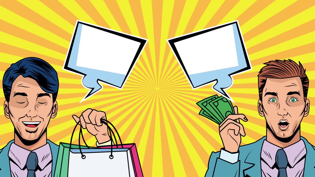 달러 지폐와 쇼핑 가방을 가진 사업가 팝 아트 애니메이션