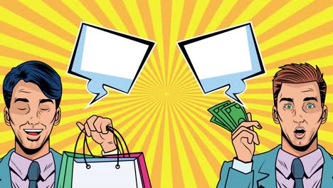 hombres de negocios con billetes de dólares y bolsas de compras animación de arte pop