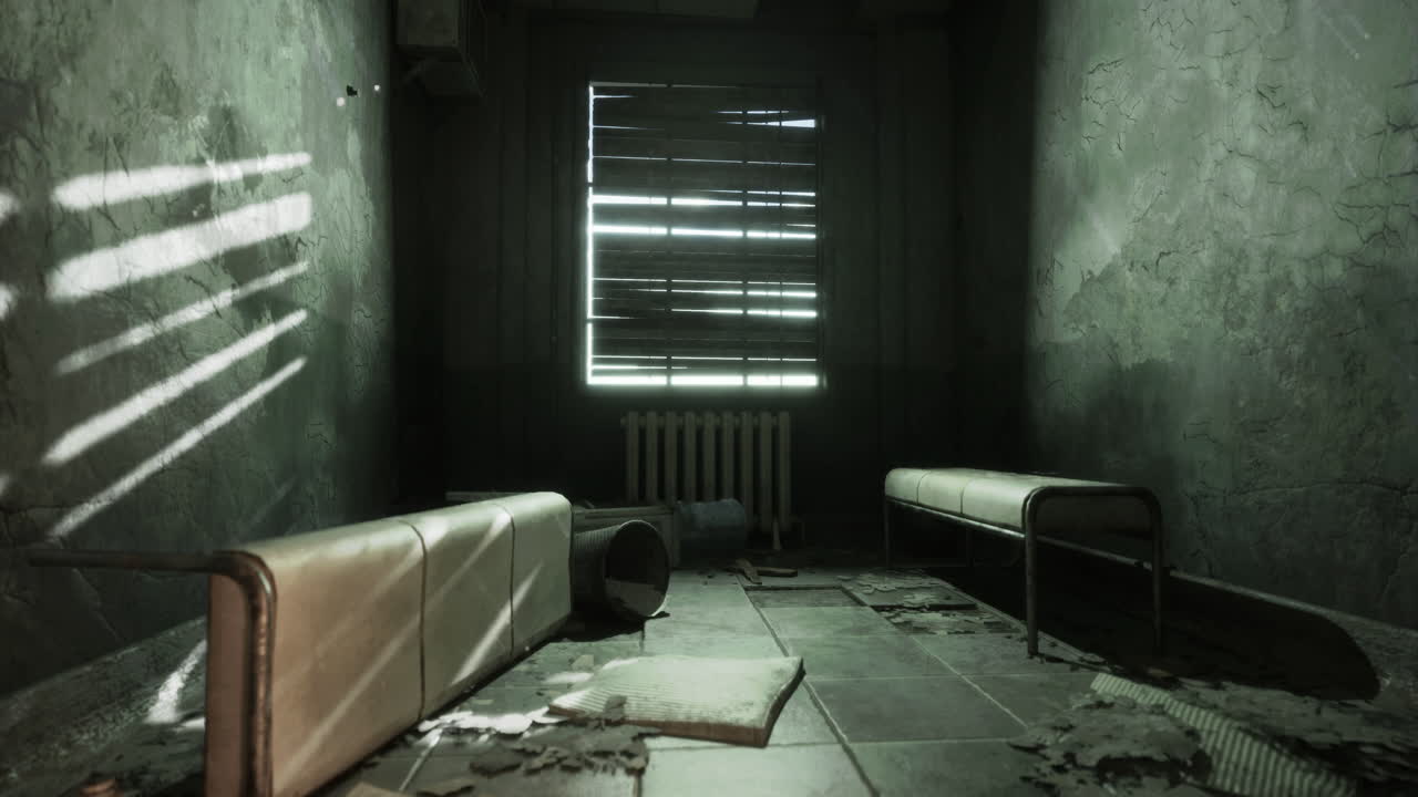 Forgotten room with worn furniture and sunlight streaming through blinds