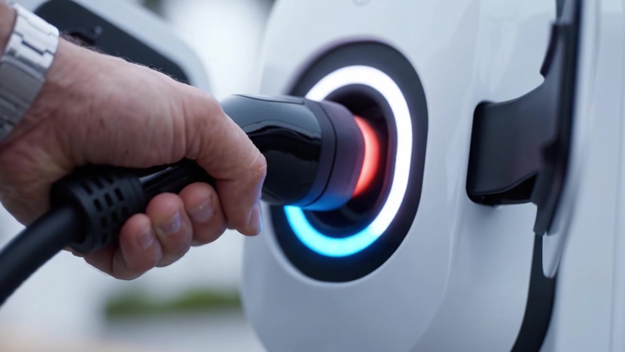 Transición de Estación de Carga: Primer Plano de la Conectividad del Enchufe de Vehículo Eléctrico e Indicadores de Color desde el Estado de Carga hasta la Finalización