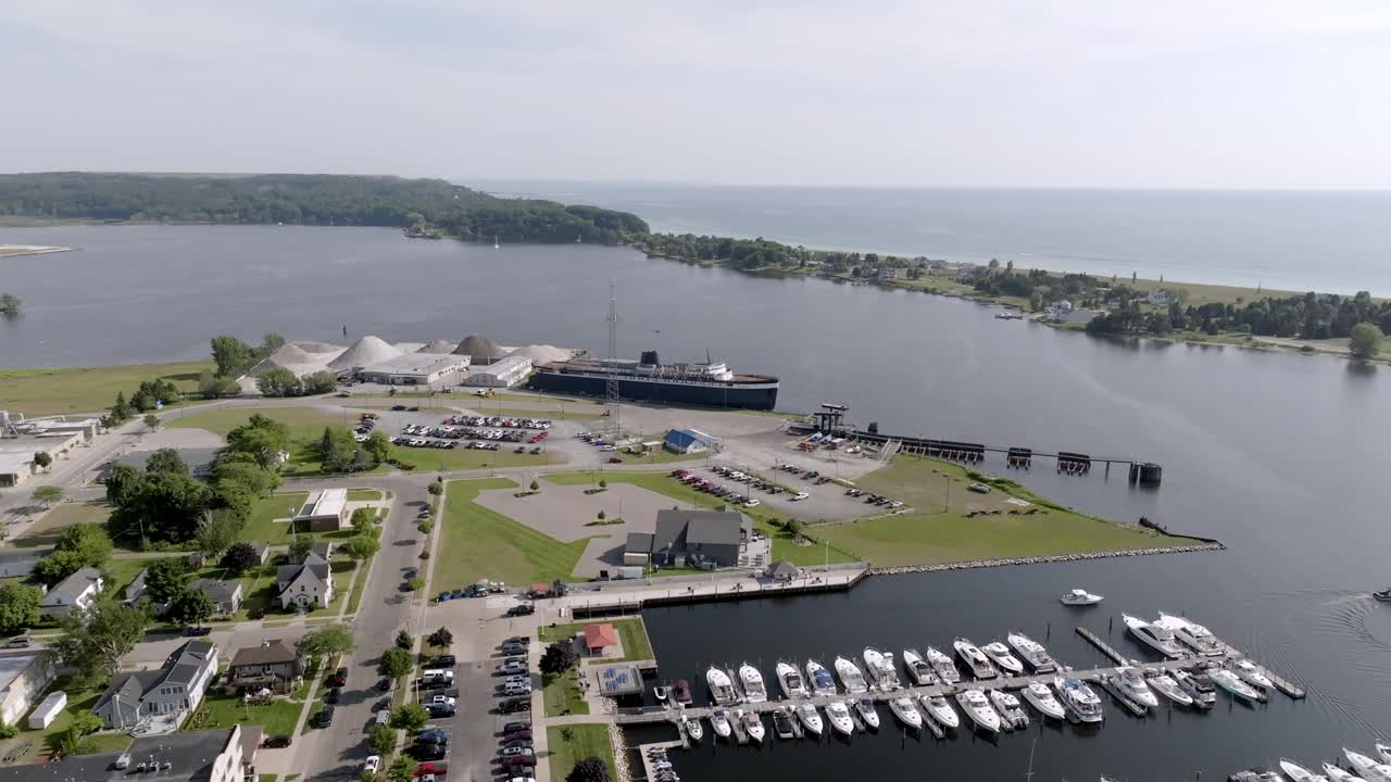 SS Badger in Ludington, Michigan with drone video moving forward.