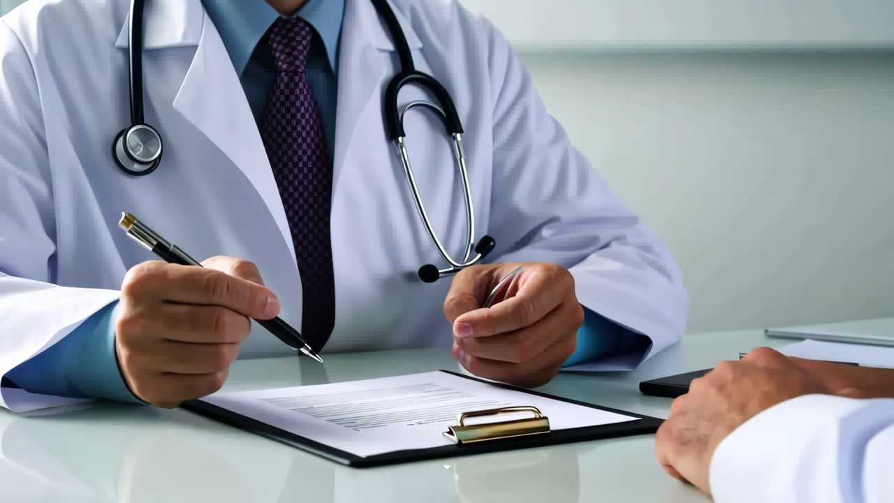 Close-up video shot of a doctor in a white coat writing on a clipboard, conveying a professional