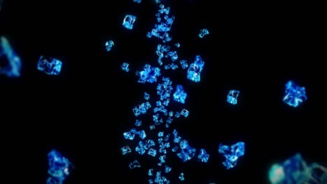 volando muchos cubos de hielo limpios sobre un fondo negro. piezas de hielo triturado, agua natural. animación 3d de hiela triturada girando. animación de bucle.