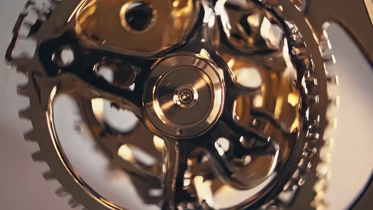 Close-up video of a shiny, metallic gear mechanism in motion, captured from a low-angle