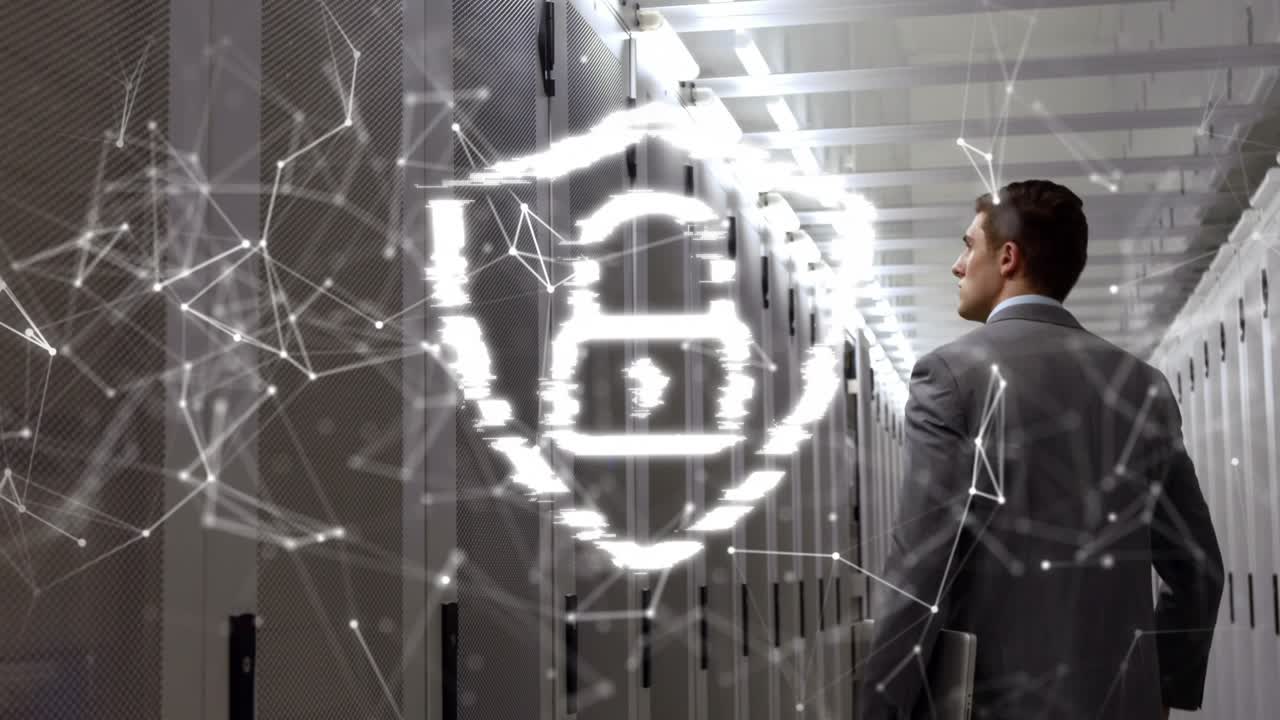 Animation of security padlock and network of connections over male engineer walking in server room
