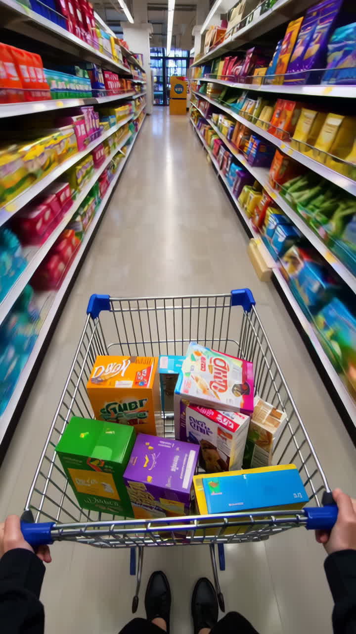 Shopping Cart Full of Groceries in a Grocery Store