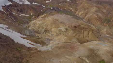 área-De-Kerlingarfjoll-Con-Superficie-Volcánica-Escarpada,-Islandia,-Antena