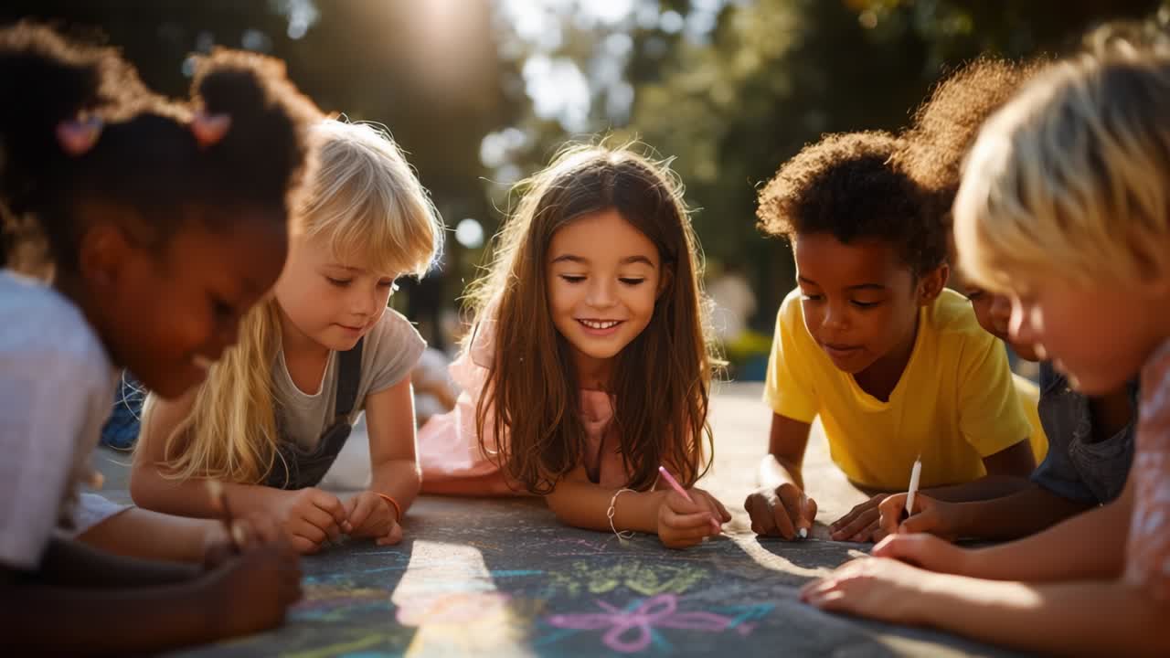 Diverse group of children drawing with chalk on the ground