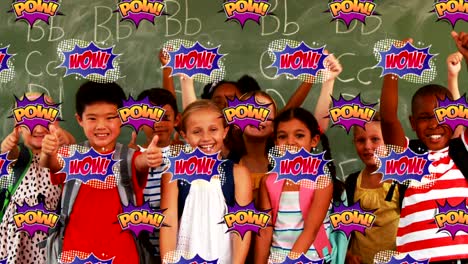 y wow pow texto contra los niños que muestran los pulgares en el aula