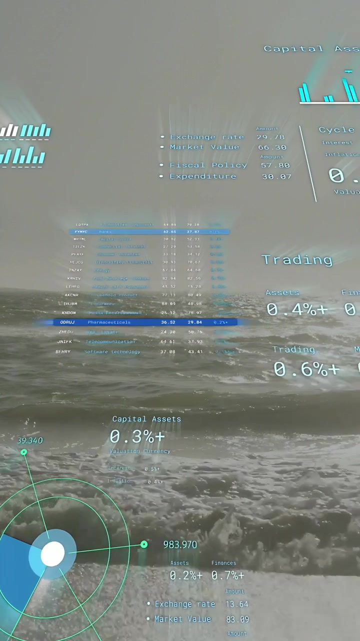 Vertical video: Camera tilt causing UI panels sliding and updating market metrics over churning sea