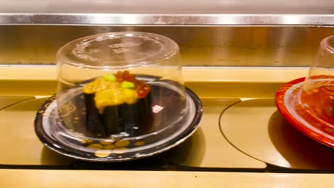 conveyor belt sushi in japanese restaurant, different sushi rolling on conveyer belt, japan