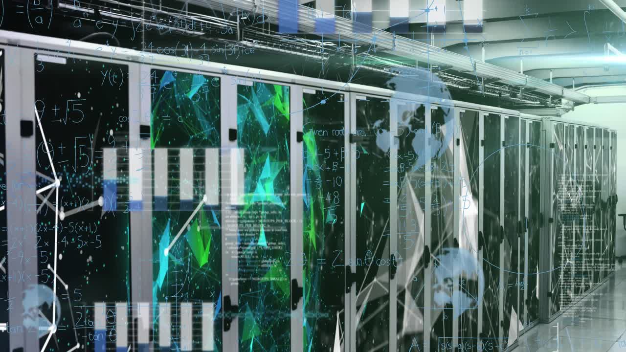 Animation of data processing and mathematical equations against plexus networks over server room