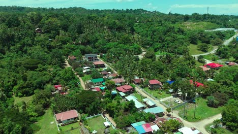 high aerial view of a colorful rural village surrounded by tropical forest in the philippines—great for culture, urbanization, and eco-documentary storytelling