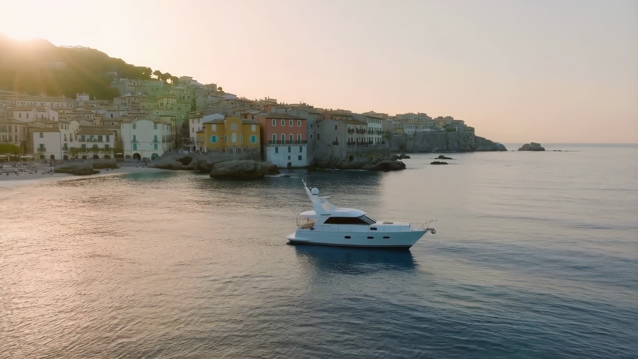 Yacht ormeggiato in una pittoresca baia di un villaggio costiero