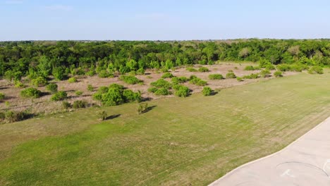 Descending-straight-down-near-a-large-field-with-scattered-bushes-and-trees