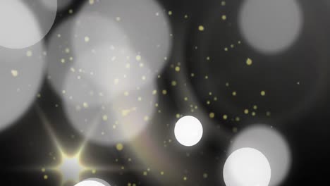 Animation-of-white-spots-of-light,-yellow-particles-and-rainbow-lens-flare-against-grey-background