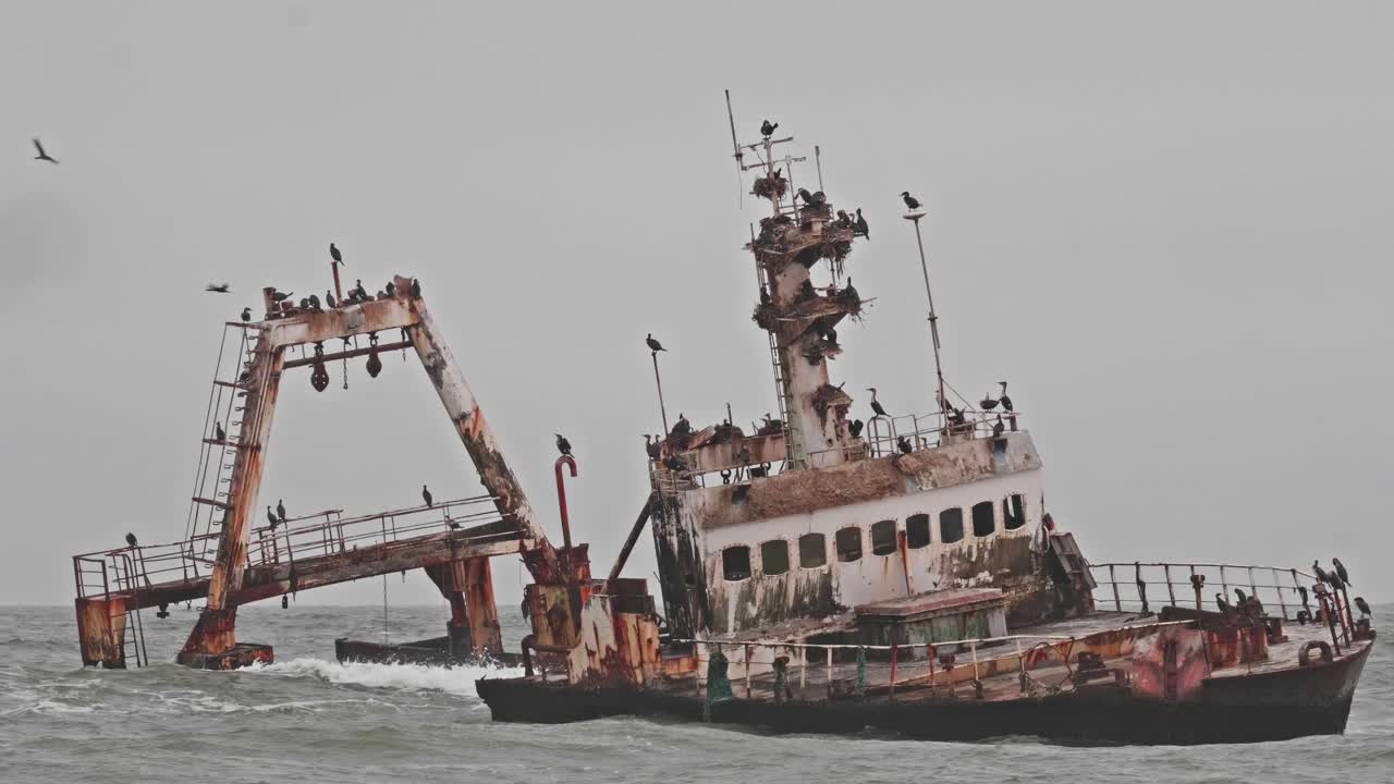 Birds flying behind rusted shipwreck along Namibia Skeleton Coast, overcast day
