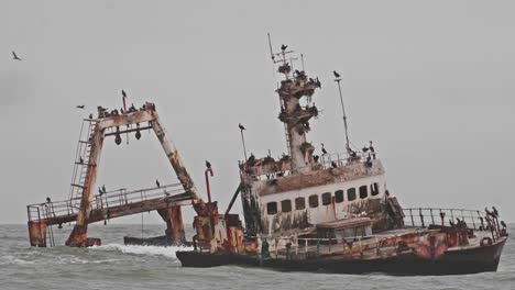 birds flying behind rusted shipwreck along namibia skeleton coast, overcast day