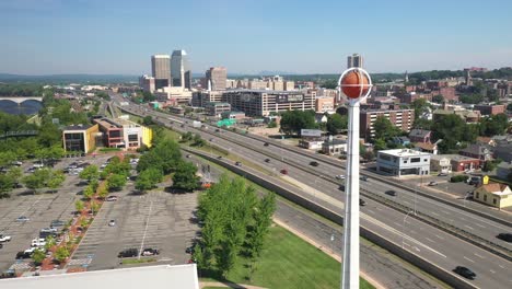 Basketball-Hall-of-Fame-in-Springfield,-Massachusetts-with-drone-video-moving-forward-close-up