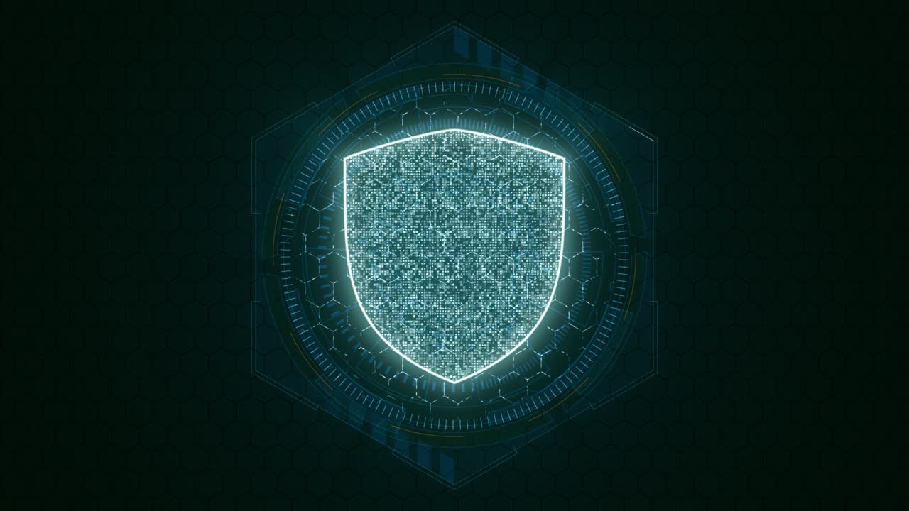 Motion graphic of Blue security key with hexagon shape and circle rotation on futuristic technology abstract background network security concept